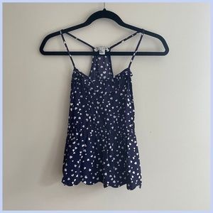 Blue Racerback Empire Waist Tank with Ruffled Neckline and White Hearts - S/P